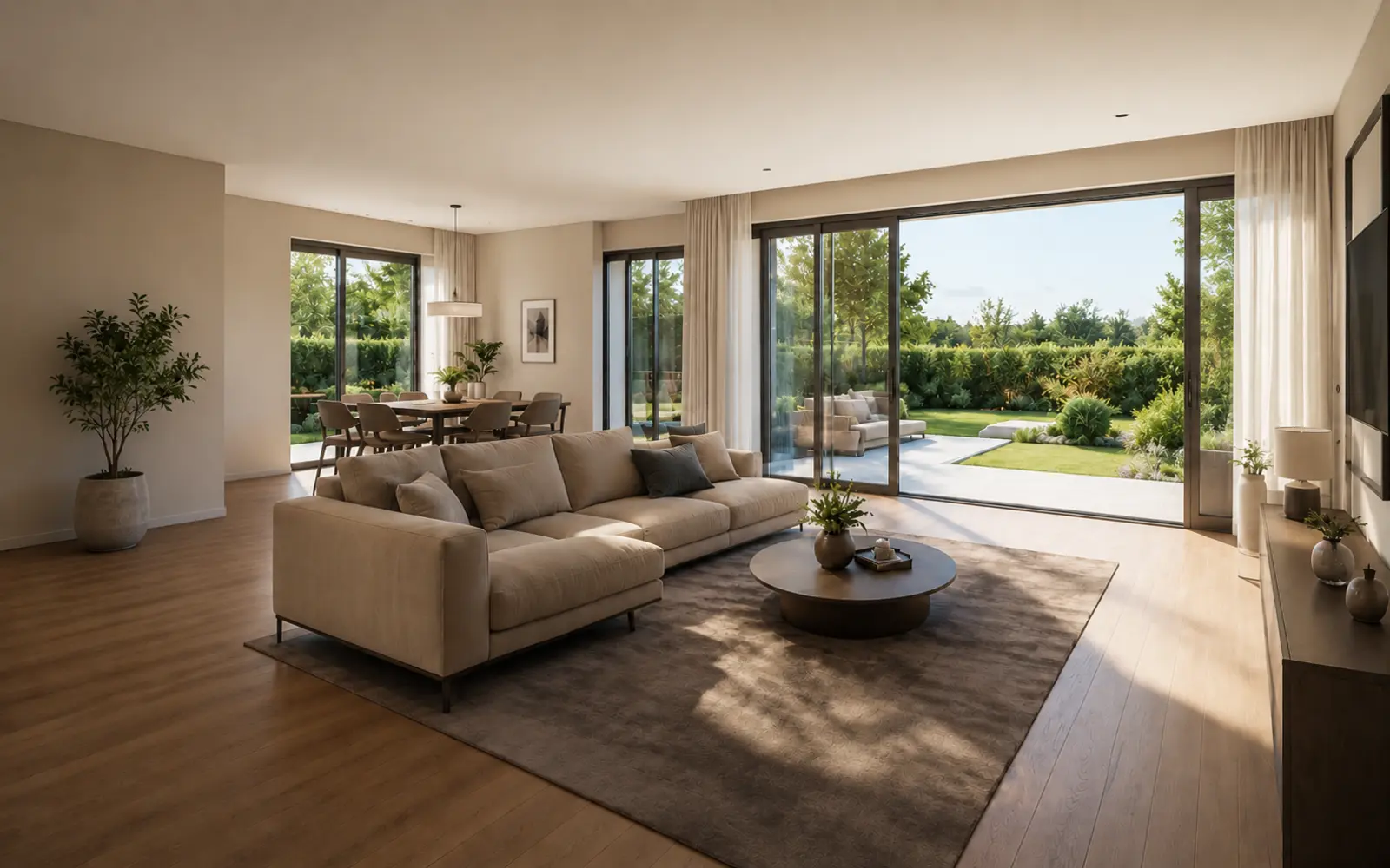 Living luminat de soarele dimineții, cu perdelele deschise spre terasă.